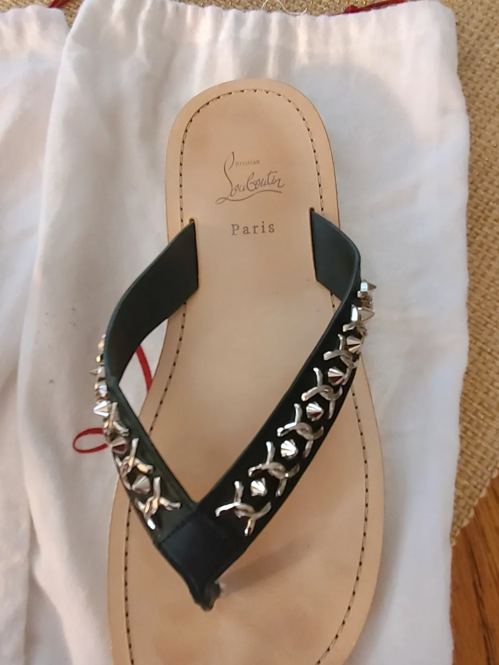 Christian Louboutin Black Embellished Leather Thong Sandals made In SPAIN.
